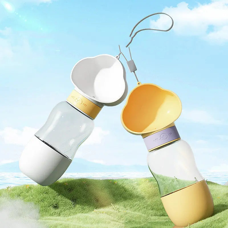 Portable pet water bottle from Nick's Super Store showing a convenient water container and attached drinking bowl for pets.