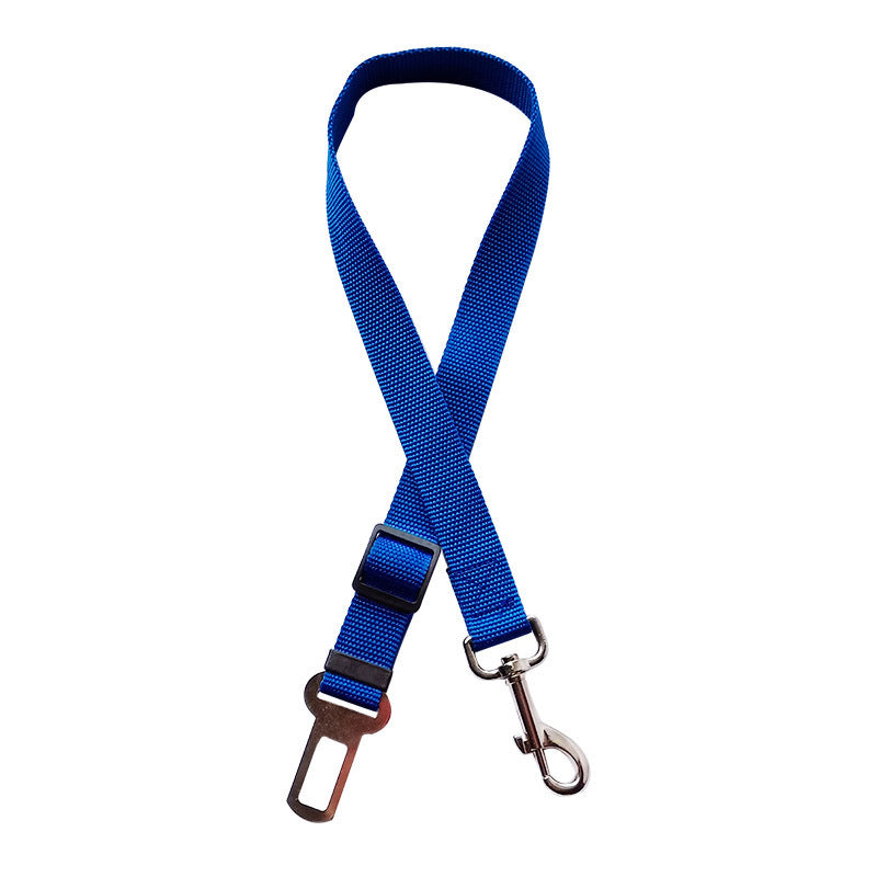 Adjustable pet car seat belt for cats and dogs, made by Nick's Super Store, shown attached to a pet harness in a vehicle.