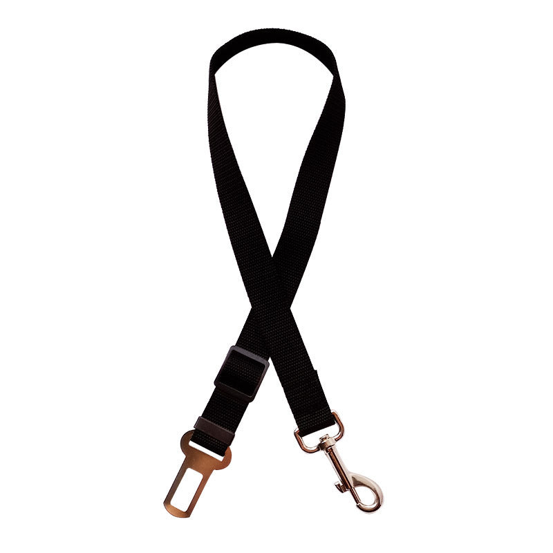 Adjustable Nick's Super Store pet car seat belt attached to a dog harness, ensuring safe travel for cats and dogs in vehicles.