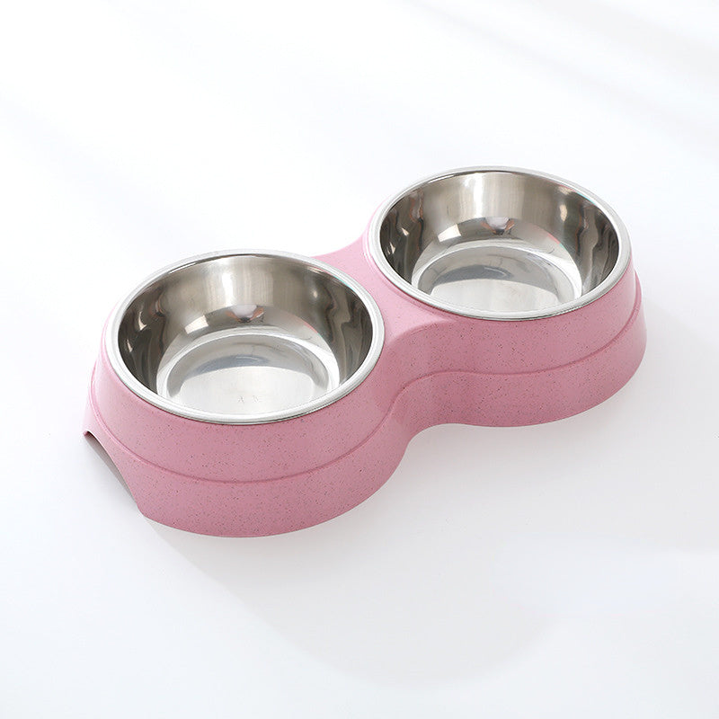 Double stainless steel pet bowl from Nick's Super Store with separate compartments for food and water.