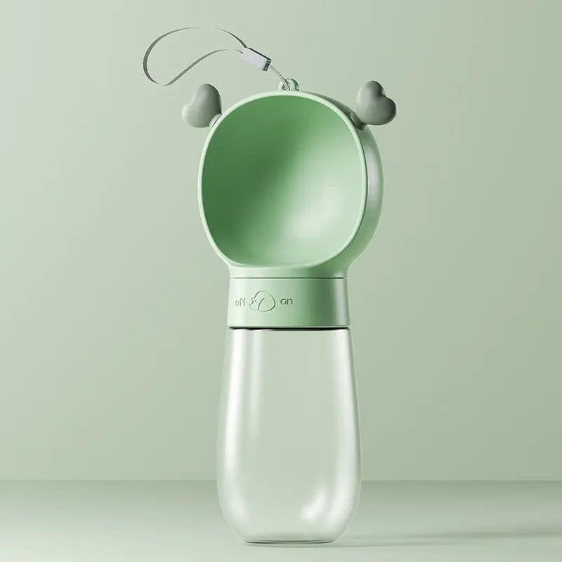 Portable pet water bottle by Nick's Super Store showing a compact, travel-friendly design with a water container and foldable bowl for pets.