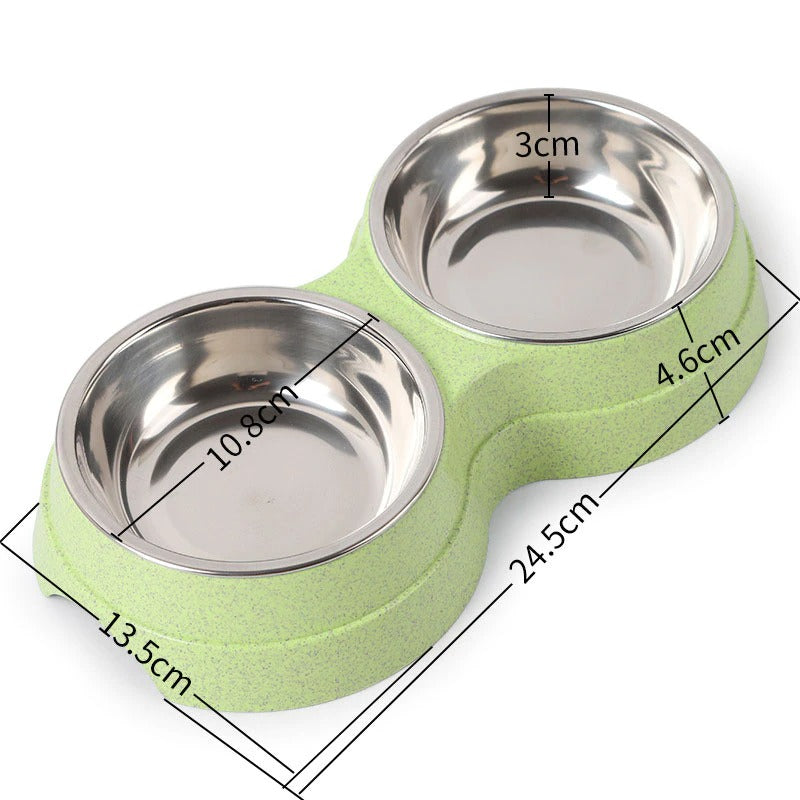 Double stainless steel pet bowl with two compartments for food and water, designed for pets, by Nick's Super Store.