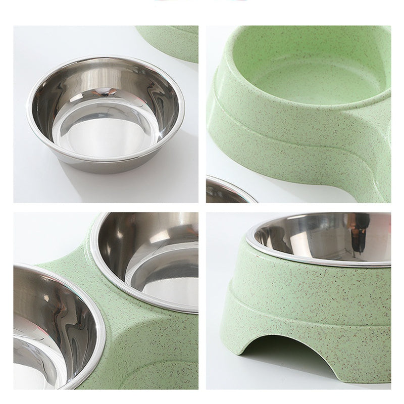 Stainless steel 2-in-1 pet bowl with dual compartments for food and water, ideal for cats and dogs.
