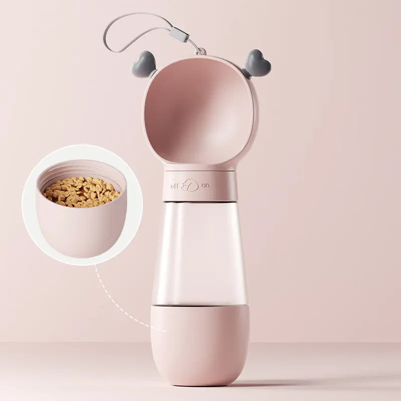 Portable pet water bottle from Nick's Super Store with a compact design, featuring a spill-proof water container and a foldable bowl for pets.