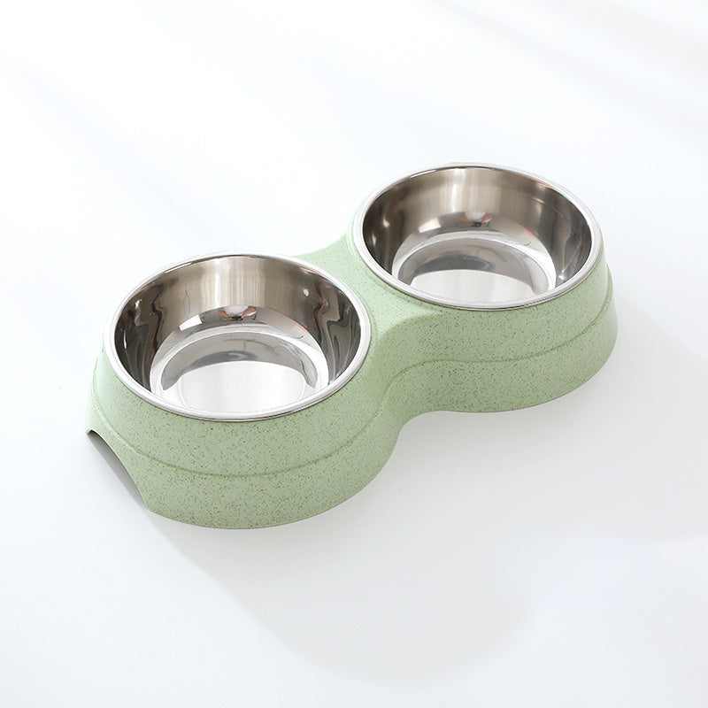 Double stainless steel pet bowl from Nick's Super Store with separate compartments for food and water.