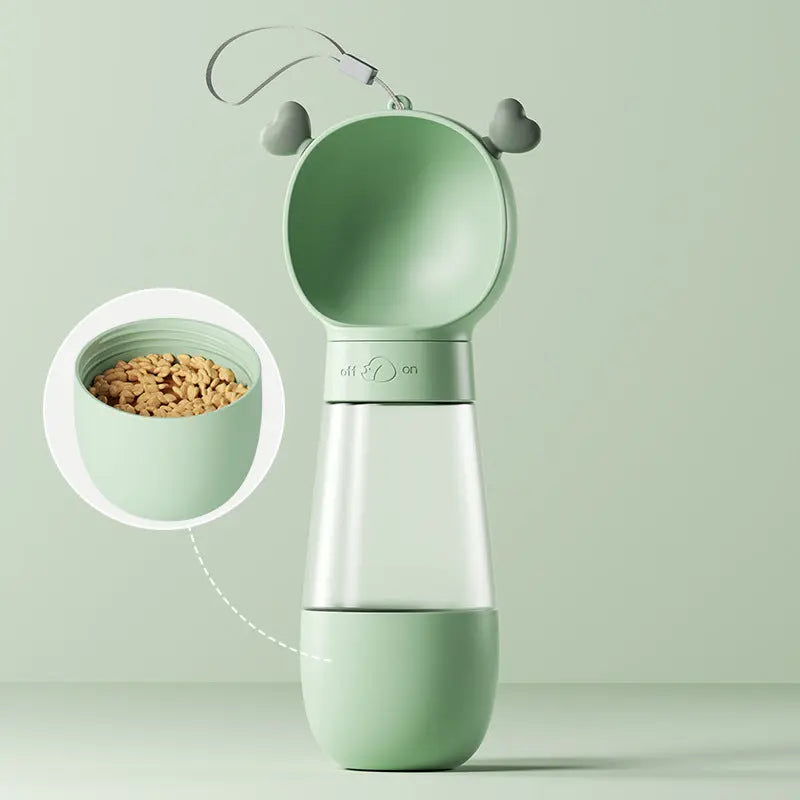 Portable pet water bottle from Nick's Super Store with a compact design, blue lid, and built-in water dish for on-the-go hydration.