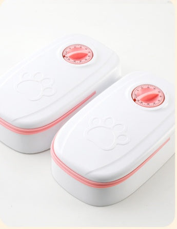 Nick's Super Store smart automatic pet feeder with no electricity needed, showing food hopper and dispensing mechanism for pets.