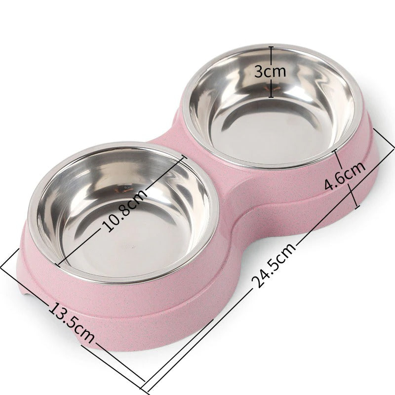 Double stainless steel pet bowl with two compartments for food and water, ideal for small dogs or cats.