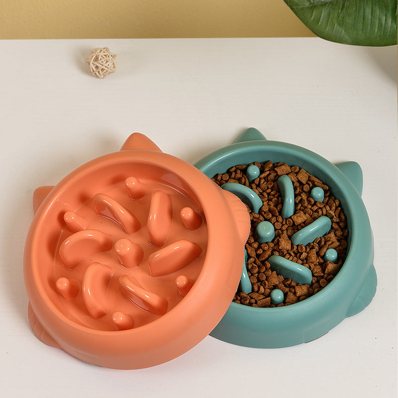 Slow feeder bowl for dogs and cats by Nick's Super Store, featuring anti-choking and anti-gulping design, with food and bowl details visible.