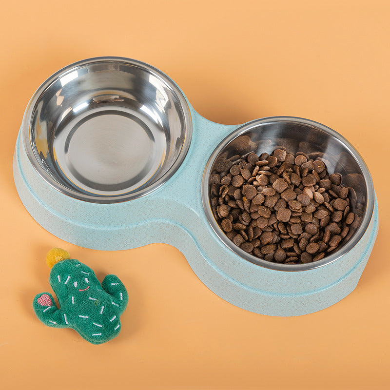 Double stainless steel pet bowl with two compartments for food and water, perfect for small dogs and cats.
