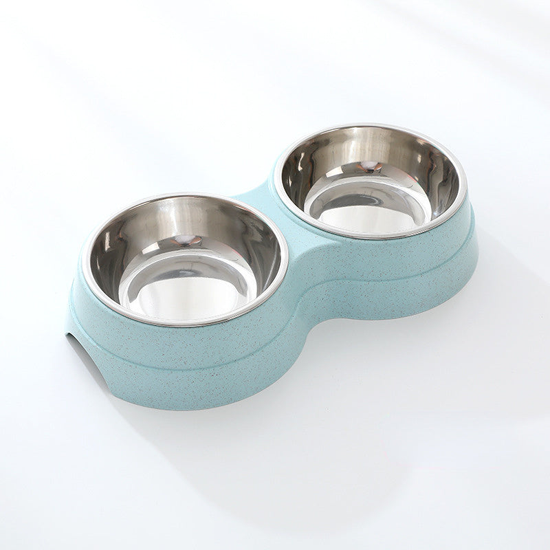 Double stainless steel pet bowl from Nick's Super Store with separate compartments for food and water, suitable for pets.