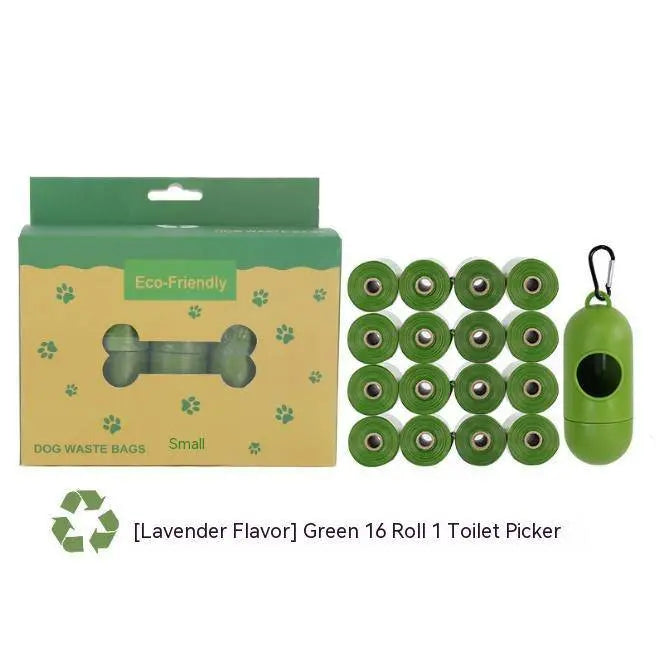 Biodegradable pet waste bags with dispenser in army green, available in 8, 12, or 20 rolls, made from HDPE.