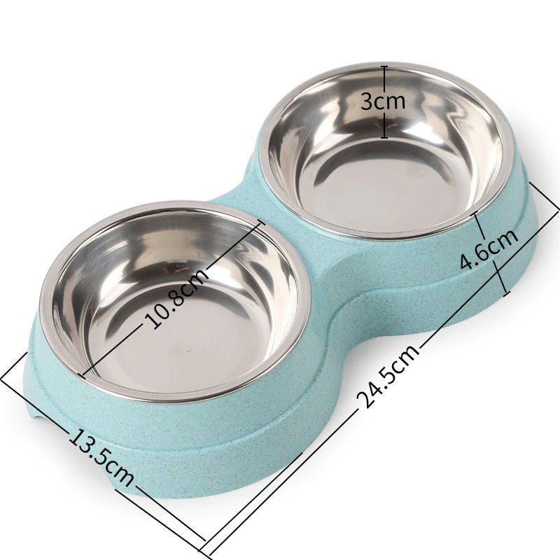 Double stainless steel pet bowl for food and water, featuring a 2-in-1 design for pets, ideal for feeding station setups.