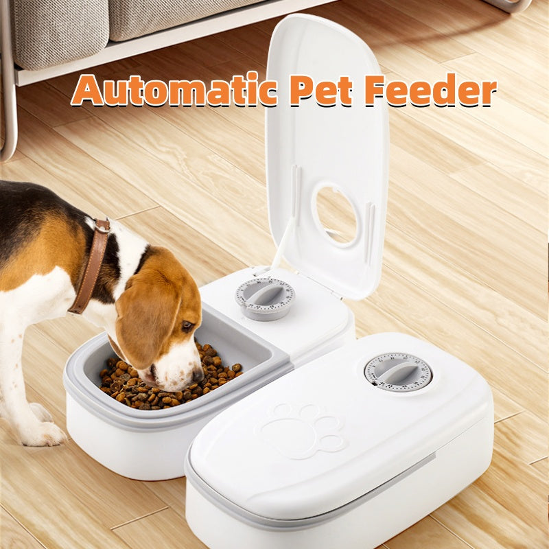 Smart automatic pet feeder from Nick's Super Store, no electricity needed, with food compartments for convenient pet feeding.