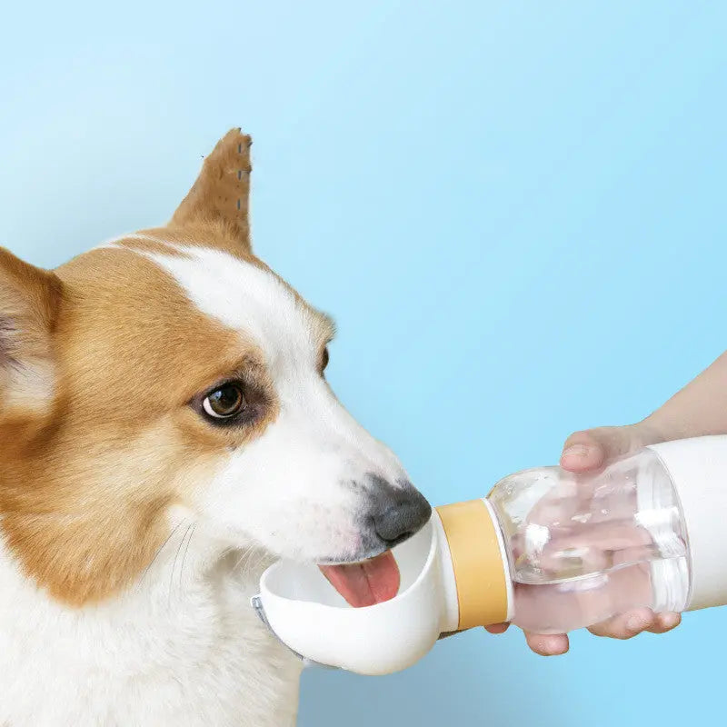 Portable pet water bottle from Nick's Super Store showing a compact, leak-proof design with a built-in water dish for pets.