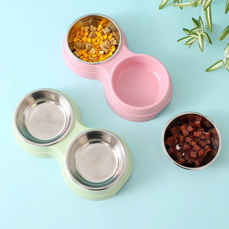Double stainless steel pet bowl with two compartments for food and water, ideal for pets, from Nick's Super Store.