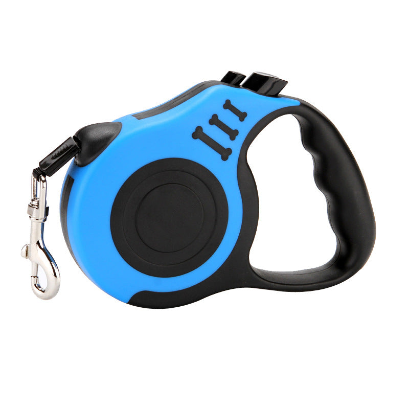 Retractable pet leash from Nick's Super Store showing a black leash reel with a dog attached, ideal for walking pets outdoors.