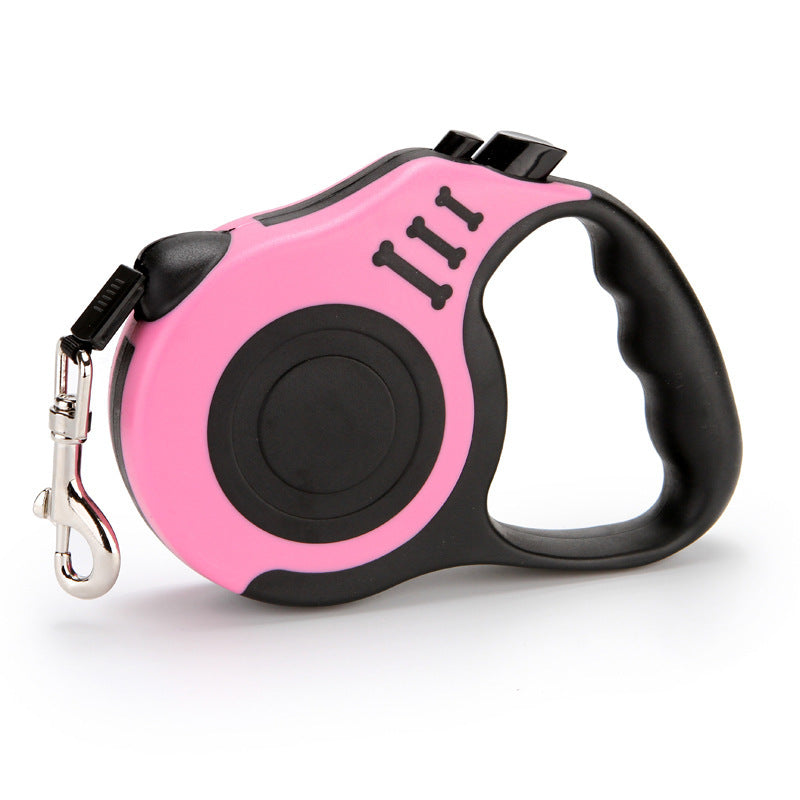 Retractable pet leash from Nick's Super Store showing a blue nylon leash with a black handle and metal clip for dogs.