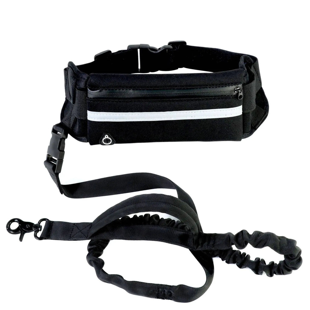 Nick's Super Store hands-free dog leash waist belt with shock absorption, phone pocket, and water bottle holder for large dogs.
