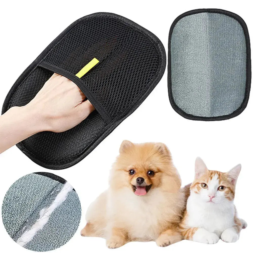 Black pet hair remover and deshedding grooming mitt from Nick's Super Store, designed for effectively removing pet hair.