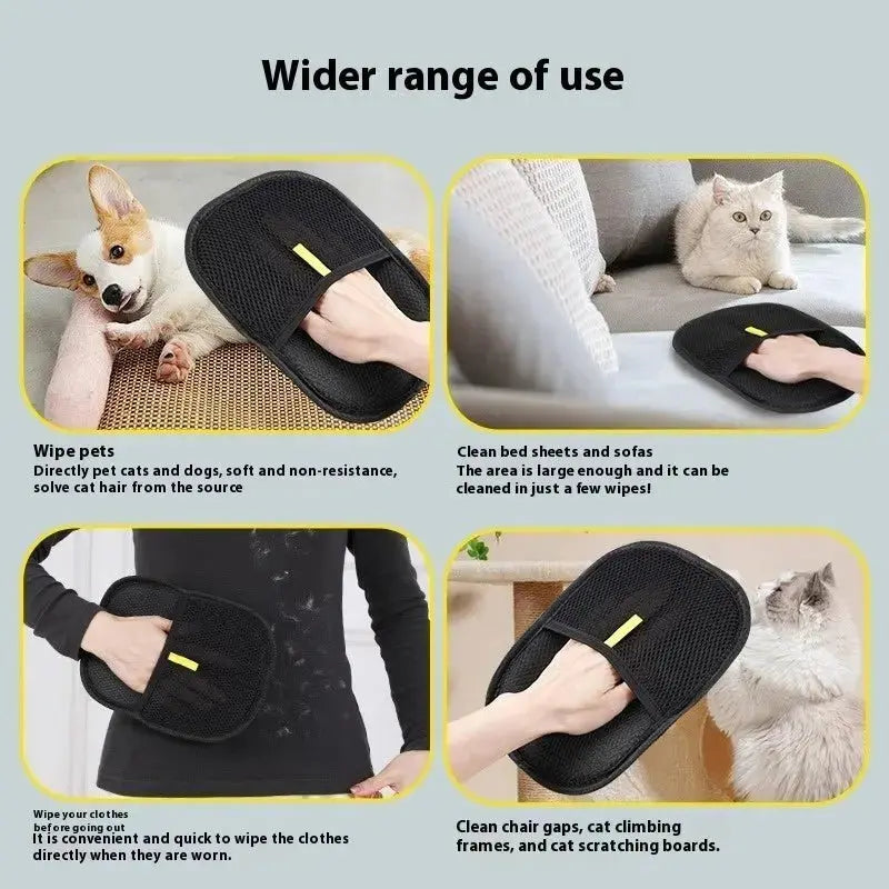 Black pet hair remover and deshedding grooming mitt for effective pet fur removal and grooming.