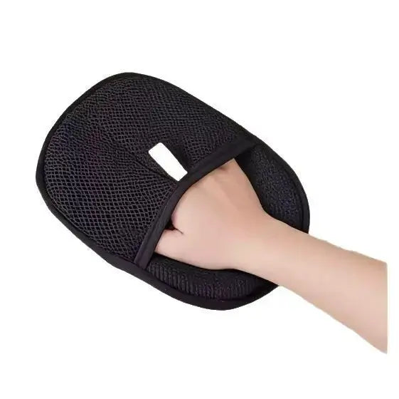 Black pet hair remover and deshedding grooming mitt from Nick's Super Store, designed for effective pet hair removal.