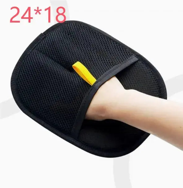 Black pet hair remover and deshedding grooming mitt from Nick's Super Store, designed for effective pet fur removal.