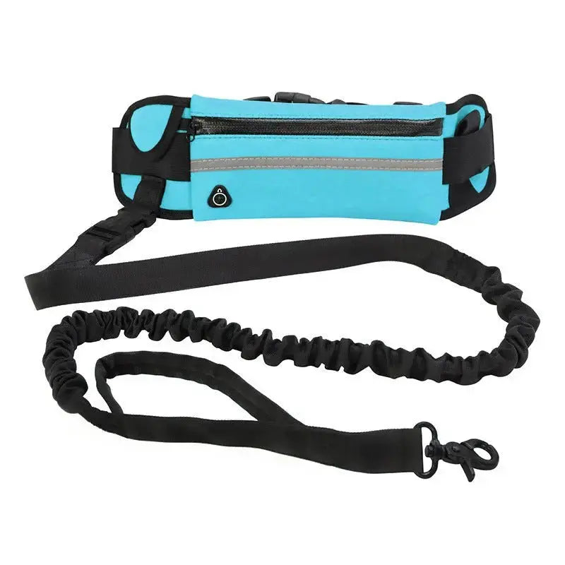 Black hands-free dog leash waist belt with shock-absorbing bungee, phone pocket, and water bottle holder for large dogs up to 180 lbs.