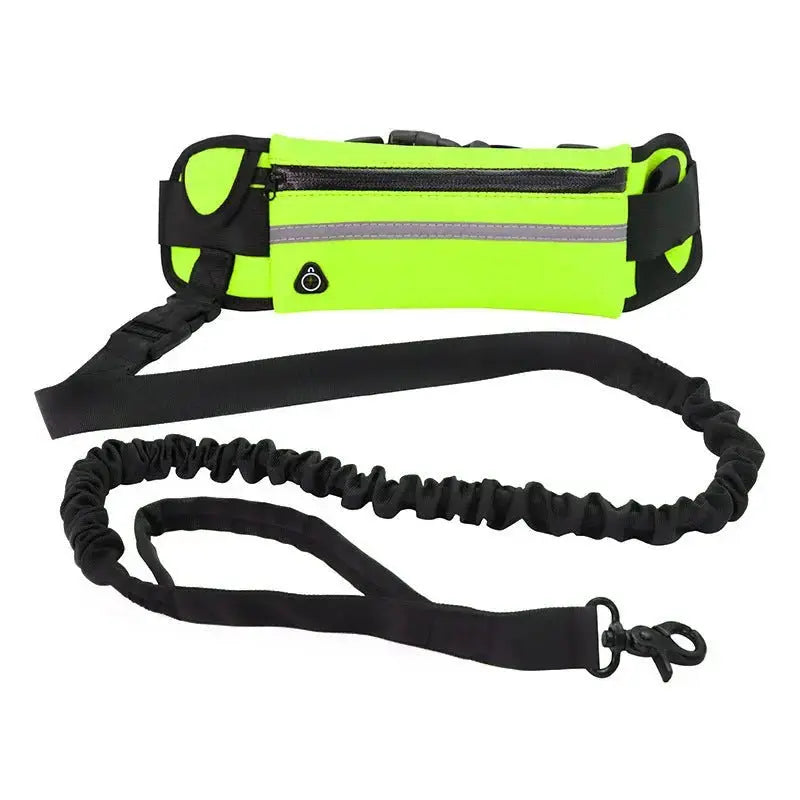 Black hands-free dog leash waist belt with shock-absorbing bungee, phone pocket, and water bottle holder for dogs up to 180 lbs.