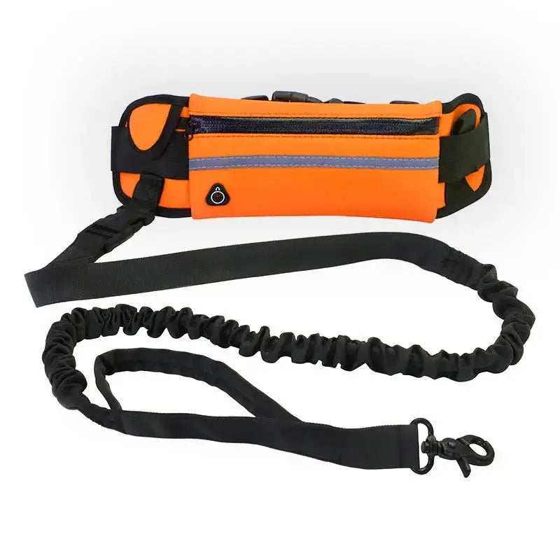 Black hands-free dog leash waist belt with shock-absorbing bungee, phone pocket, and water bottle holder for large dogs up to 180 lbs.