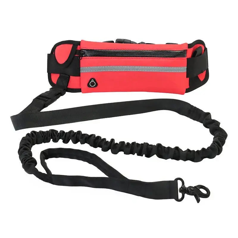 Black hands-free dog leash waist belt with shock-absorbing bungee, phone pocket, and water bottle holder for large dogs up to 180 lbs.