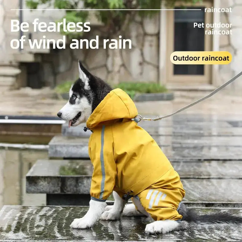 Blue and yellow waterproof dog raincoat from Nick's Super Store, lightweight, durable pet rain gear with adjustable fit