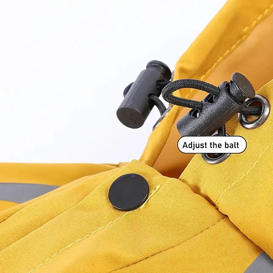 Lightweight blue and yellow waterproof dog raincoat from Nick's Super Store, designed for durability and pet protection in wet weather.