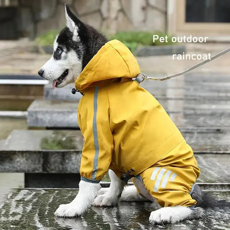 Blue and yellow waterproof dog raincoat from Nick's Super Store, lightweight and durable pet rain gear with reflective edging.