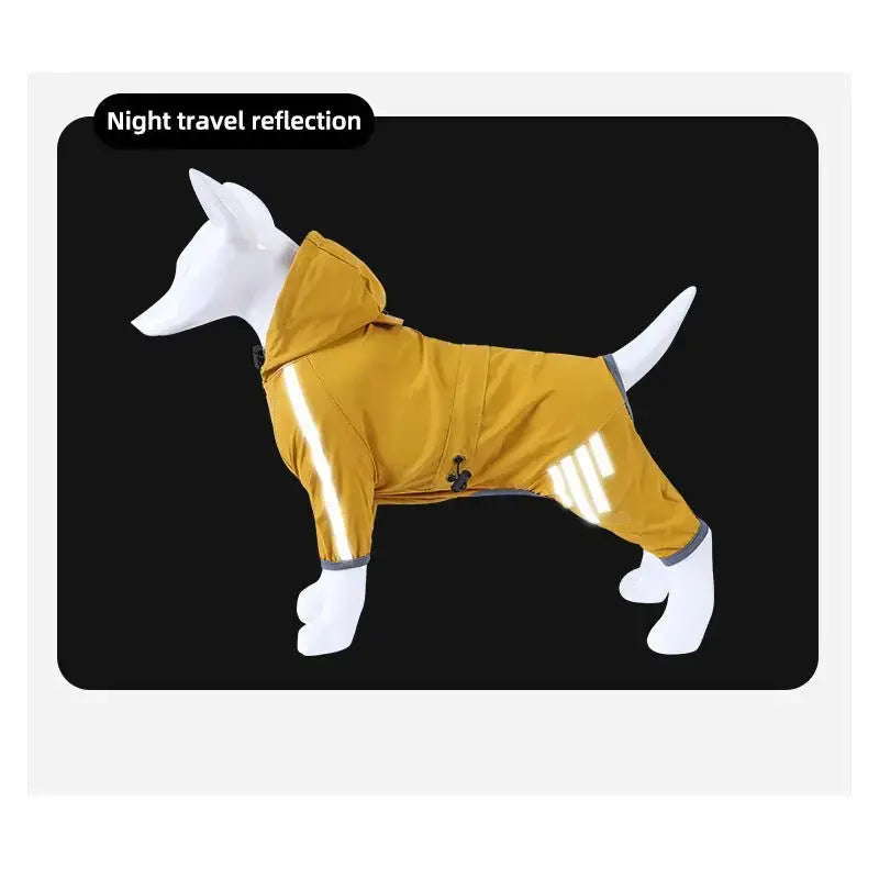 Blue and yellow waterproof dog raincoat from Nick's Super Store, lightweight and durable pet rain gear for outdoor protection.