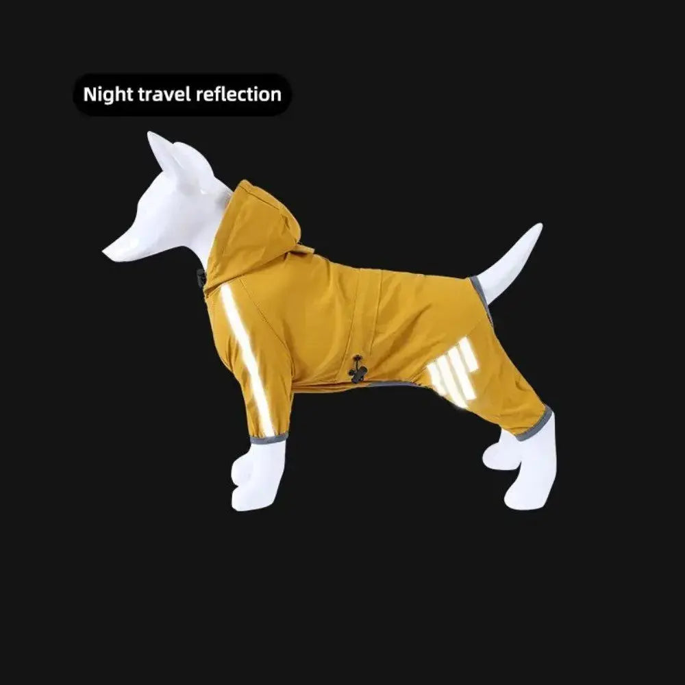 Blue and yellow waterproof dog raincoat from Nick's Super Store, lightweight and durable pet rain gear for outdoor walks.