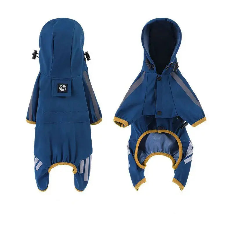 Blue and yellow waterproof dog raincoat from Nick's Super Store, lightweight and durable pet rain gear with reflective edging.