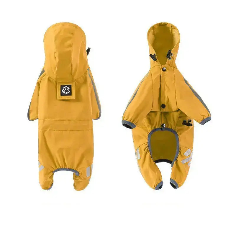 Blue and yellow waterproof dog raincoat from Nick's Super Store, lightweight and durable pet rain gear for outdoor walks.