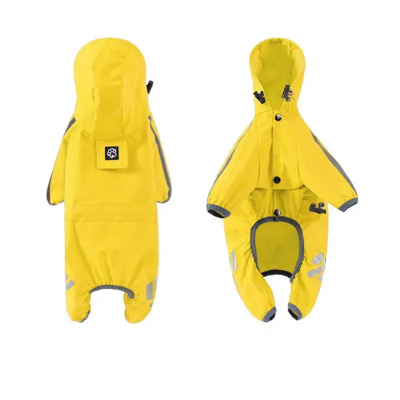 Blue and yellow waterproof dog raincoat from Nick's Super Store, lightweight and durable pet rain gear with adjustable fit