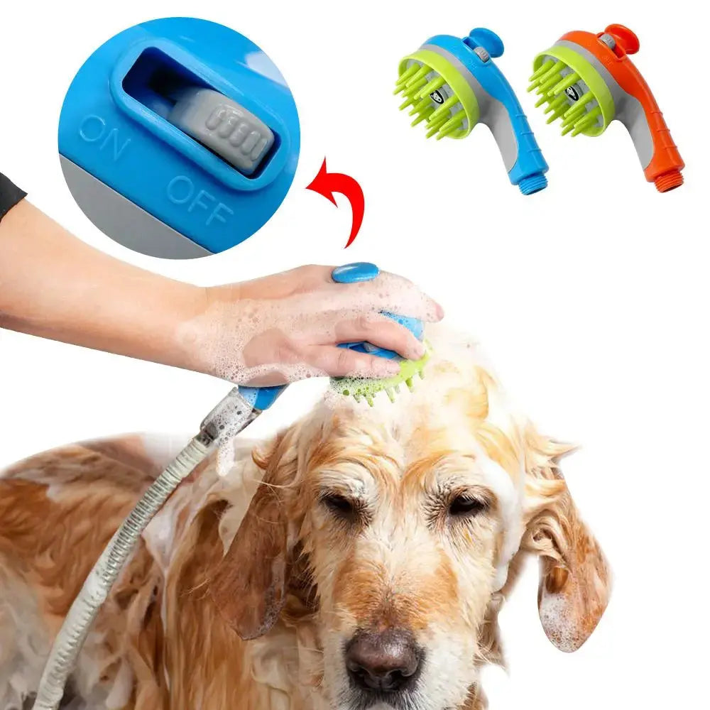 Blue dog shower brush and pet sprayer with three-function massage shower system for easy grooming and bath time.