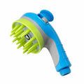 Blue dog shower brush and pet sprayer with three-function massage system for easy grooming and bathing.