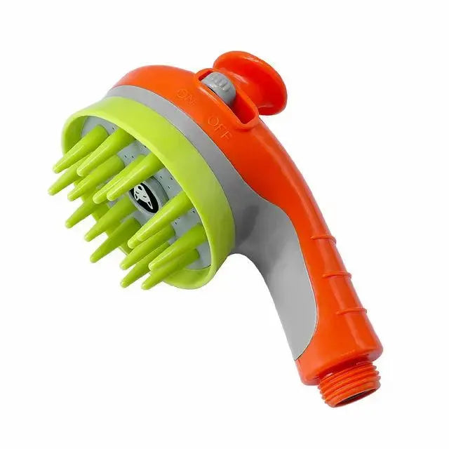 Blue dog shower brush and pet sprayer with three-function massage shower system for easy grooming and bathing.