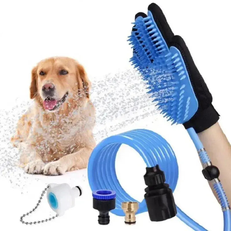 Blue dog shower head with massage brush for bathing and grooming, designed for pets, by Nick's Super Store.