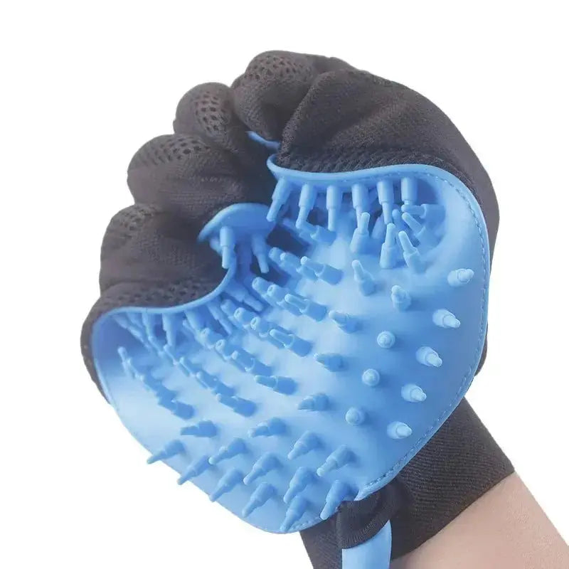 Blue dog shower head with massage brush for bathing and grooming, designed for easy pet cleaning and grooming.