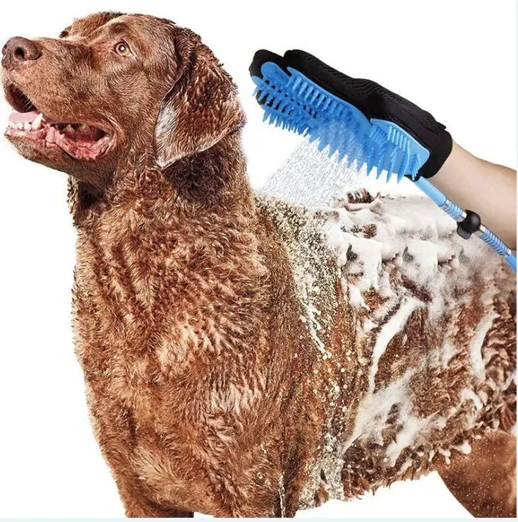 Blue dog shower head with massage brush for bathing and grooming, designed for pet bathing and grooming by Nick's Super Store.