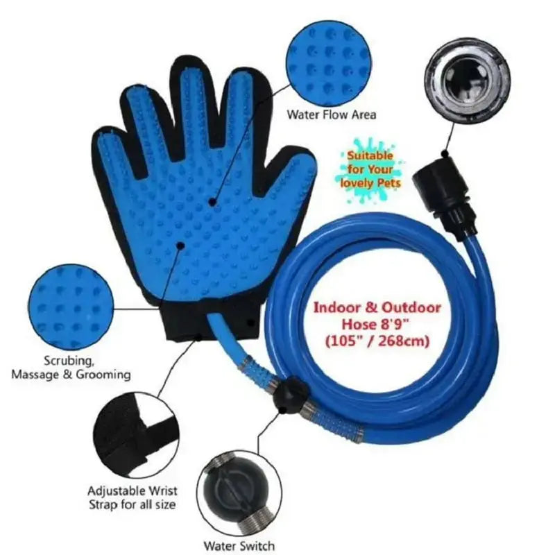 Blue dog shower head with massage brush for bathing and grooming, designed for pets and easy to use.