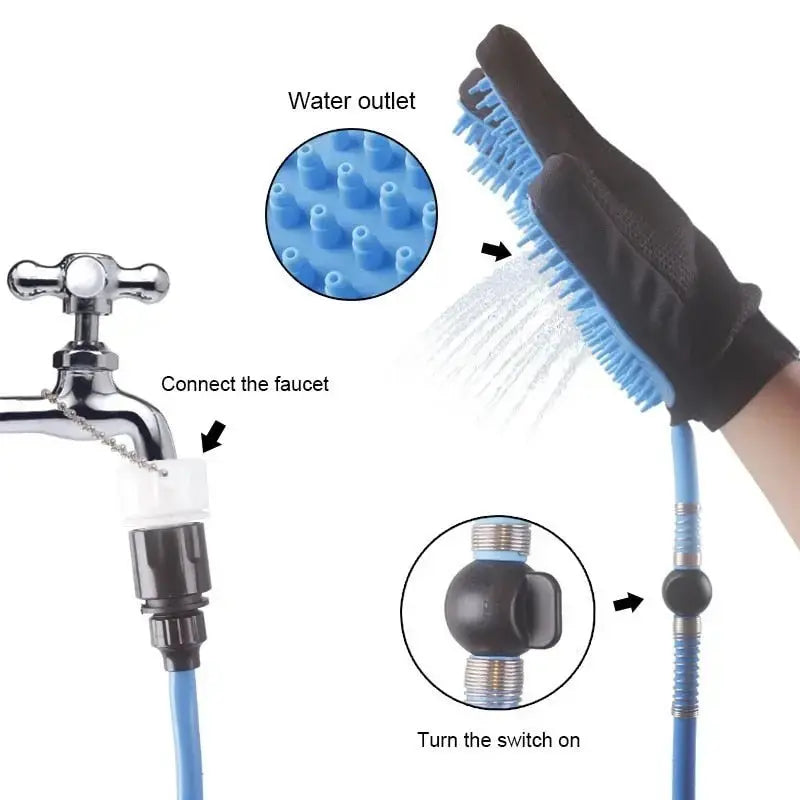Blue dog shower head with massage brush for bathing and grooming, designed for pets, by Nick's Super Store.