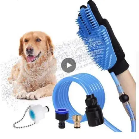 Blue dog shower head with massage brush for bathing and grooming, designed for easy pet cleaning and grooming.