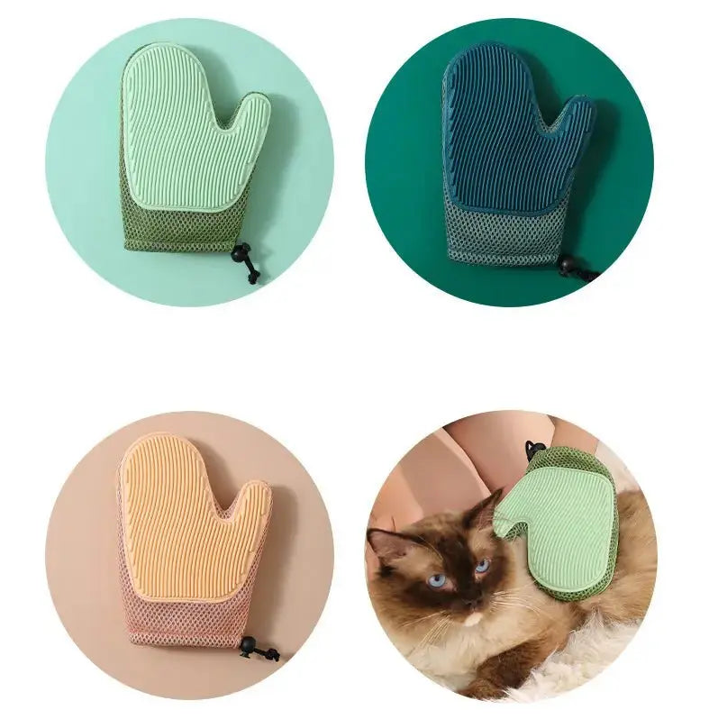 Blue floating hair removal gloves for dogs and cats with bath massage grooming tool, designed for pet grooming and shedding control.