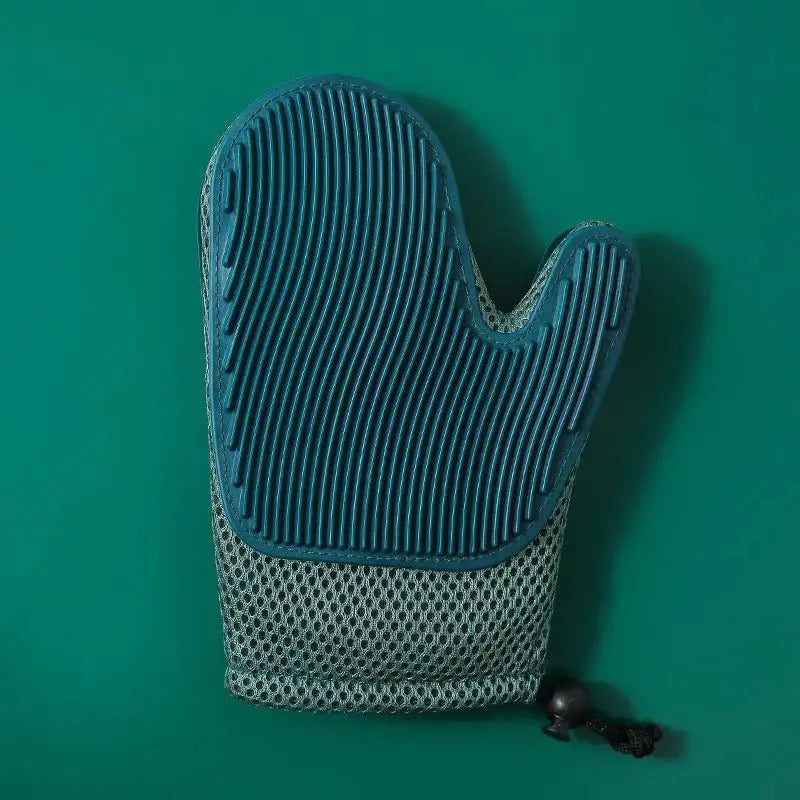 Blue floating hair removal gloves for dogs and cats, with bath massage grooming tool, designed for pet grooming and shedding control.